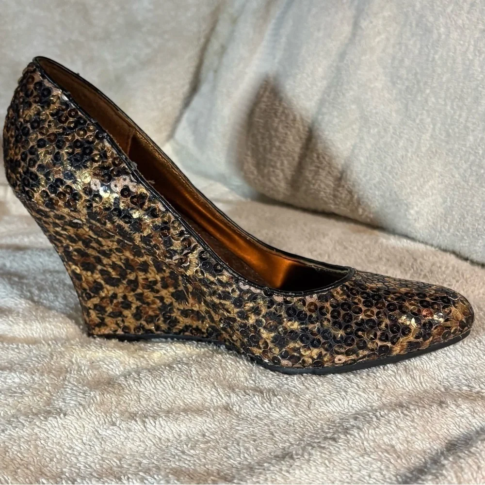 Chic Brown and Black Wedge Heels with Sequined Glamour